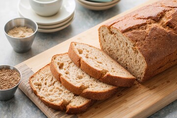 Sliced Rye Bread Loaf on Wooden Board Featuring Natural and Wholesome Ingredients