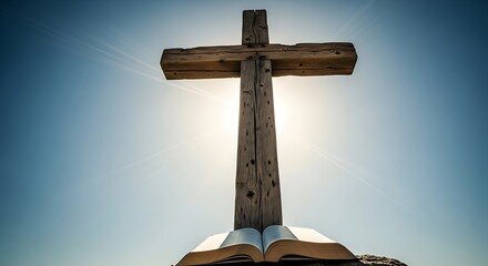 Wooden Cross on Bible with Sunburst Against Blue Sky Faith and Spirituality