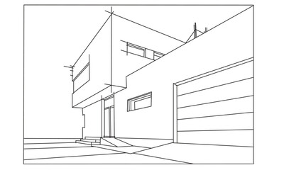 CAD drawing of Architectural sketch of a building 3d illustration ,  3D vector model of building isolated on white background with line draw