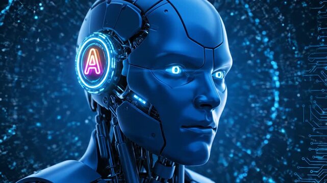 Closeup of a futuristic blue robot head with glowing eyes and a neon a logo on its ear, set against a dark, bokehfilled background symbolizing artificial intelligence and technology