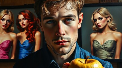 Modern Paris choosing girls on dating site with three beauties on monitor screens, symbolic illustration of Greek myth "The Judgement of Paris"