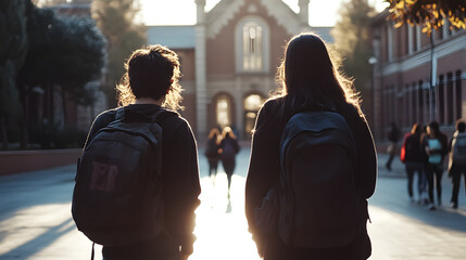 Rear view of high school students walking together into a college building.
