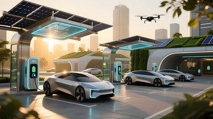 Futuristic Electric Vehicle Charging Station with Solar Panels and Drone