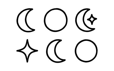 Minimalist black and white line art of crescent moons and stars