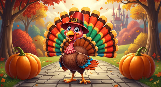 Cartoon turkey with festive hat, stands on path with pumpkins in autumnal landscape, representing celebration, gratitude and harvest season