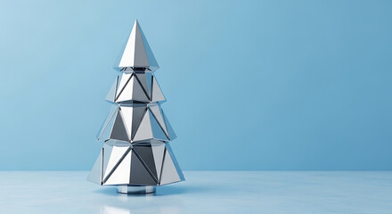 A shiny, geometric, silver Christmas tree stands against a light blue background, minimalist design.