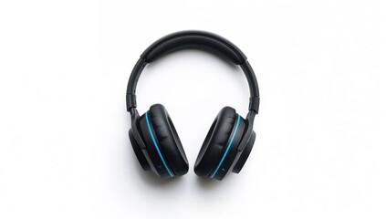 Fototapeta premium Black and blue computer headphones with built-in microphone on a white backdrop
