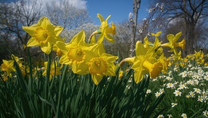Obraz premium Yellow daffodils blossoming with green foliage in springtime