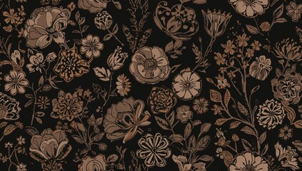 Endless floral design in shades of brown on a dark backdrop