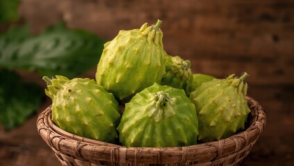 Obraz premium Natural bitter melon displayed in a woven bamboo container, used for culinary and medicinal purposes