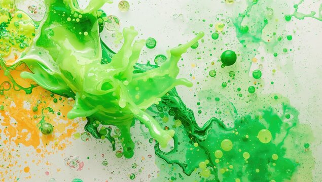 Vibrant neon fluids in green and yellow bursting over a clean white backdrop with space for text. Modern color palettes for festival fashion and makeup inspiration.