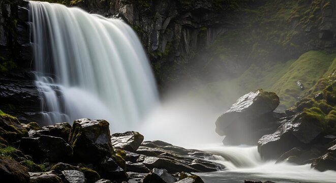 Majestic waterfall cascading down mossy rocks into a misty pool surrounded by lush green forest in a serene natural landscape