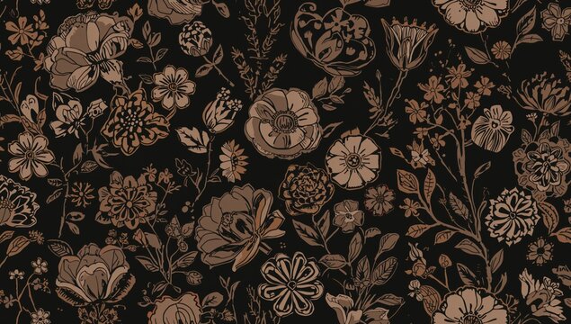 Endless floral design in shades of brown on a dark backdrop