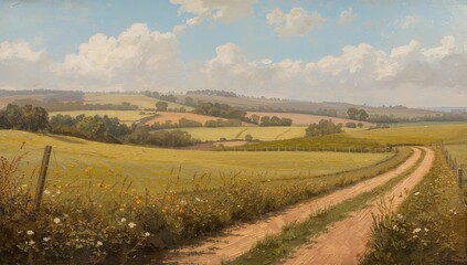 Naklejka premium An oil artwork depicting classic rural farmland scenery
