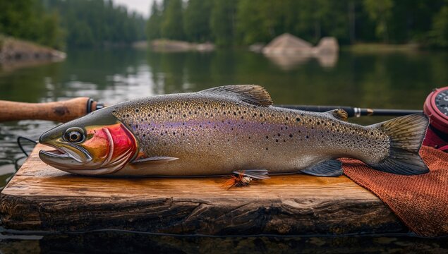 Recently caught wild trout from fly fishing, placed on a wooden plank showcasing vibrant hues.