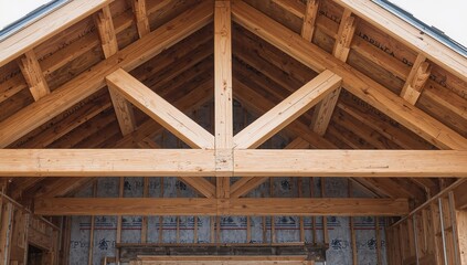 Detailed view of the triangular roof section on a wooden house being built.