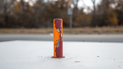 Broken parking barrier on a light background, focused detail.