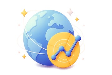 Global Growth Concept – Stylized Earth with Circular Chart, Upward Line Graph, and Decorative Stars on Transparent Background
