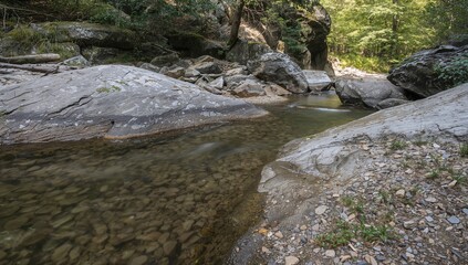 Water flowing in a rocky creek with natural textures and stones