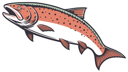 Dynamic jumping fish illustration in vintage woodcut art style