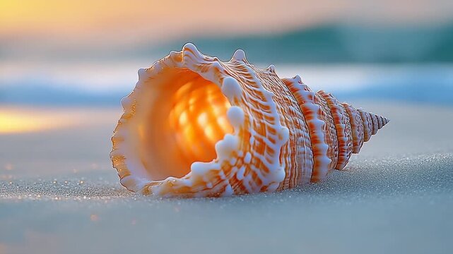 Close-up of a seashell on a sandy beach at sunset