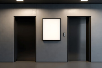 Obraz premium Modern interior with elevator doors flanking a blank poster for advertisement. Symmetrical composition with neutral gray colors.