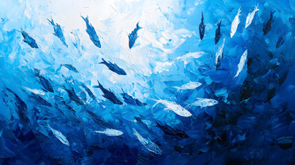 A large school of scad fish swimming underwater in a vibrant sea ecosystem, set against a blue background.