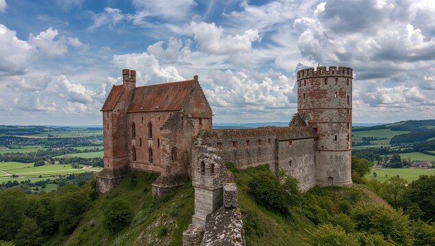 Ancient Gothic fortress remains rising above lush fields under a partly cloudy sky