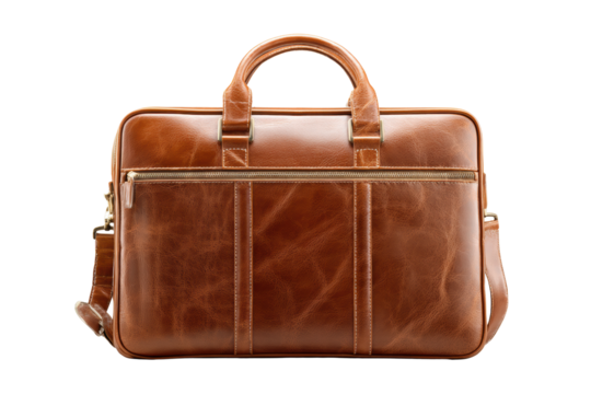 A brown leather briefcase with a gold zipper pull. The briefcase is made of high-quality leather and has a gold zipper pull, giving it a luxurious and sophisticated appearance