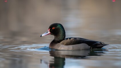 Obraz premium Initial Winter Appearance of a Cuffed Diving Duck on a River with Natural Scenery