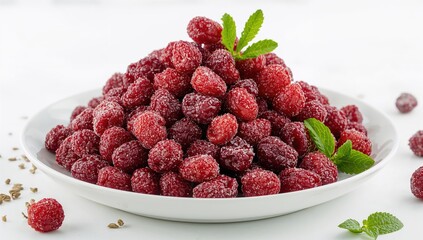 Sugared dried cranberries on a plate with a white backdrop, organic fruit dessert