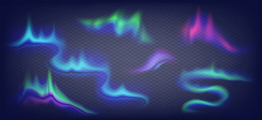 Realistic vector northern lights set. Amazing aurora borealis night polar sky on alpha stransparent background.