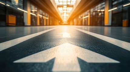Fototapeta premium Directional arrows leading to bright hallway path to success concept