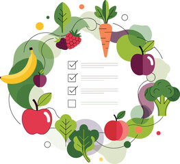 Healthy Diet and Nutrition Checklist Surrounded by Abstract Wreath of Fruits and Vegetables Vector