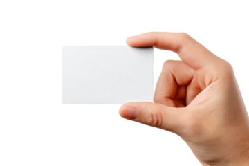 A hand holding a white card with no writing on it. The card is rectangular in shape and he is blank
