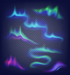 Realistic vector northern lights set. Amazing aurora borealis night polar sky on alpha stransparent background.