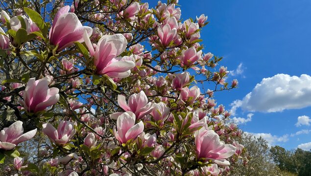 Pink blossoms on a magnolia branch set against a clear blue sky