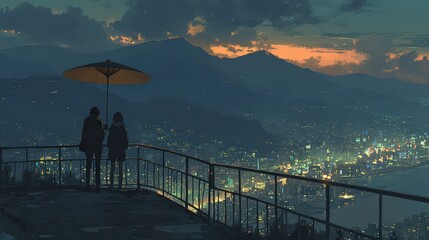 Couple with Umbrella Overlooking Cityscape at Sunset