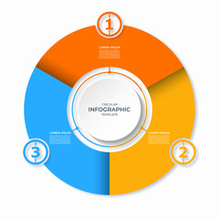 Infographic circular diagram with 3 steps. Round chart with 3 options. Vector template divided into three parts. Can be used for report, business analytics, data visualization and presentation.