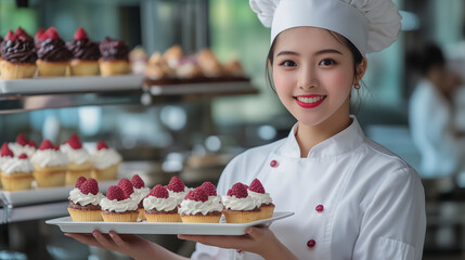 A female chef holds a tray with desserts. International Chef's Day.