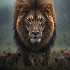 Fototapeta premium Majestic Lion Leading its Cubs A Portrait of Family and Protection in the Wild