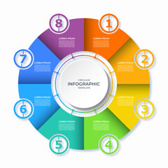 Infographic circular diagram with 8 steps. Round chart with 8 options. Vector template divided into eight parts. Can be used for report, business analytics, data visualization and presentation.