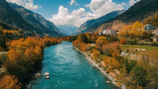 Drone View of a River in Autumn Surroundings