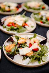 Bright shrimp salad on a bed of greens, tomatoes, and shaved parmesan creates an appealing, healthy dish. Ideal for catering, events, or family meals with a colorful, shareable presentation.