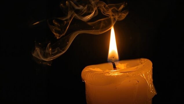 Close-up shot of a glowing yellow candle with dark backdrop, festive, abstract art, isolated, Halloween theme, illumination, flame, white smoke