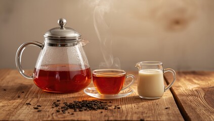Fototapeta premium A transparent teapot, a cup filled with steaming black tea, and a small pitcher of milk resting on a wooden surface