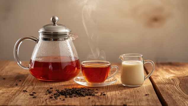 A transparent teapot, a cup filled with steaming black tea, and a small pitcher of milk resting on a wooden surface - Powered by Adobe