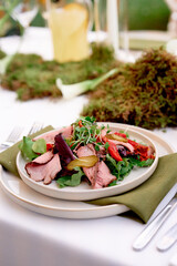 Vibrant plate of sliced smoked meat, fresh greens, and microgreens arranged on a bright outdoor dining table. Perfect for celebrating meals, garden parties, and casual outdoor gatherings.