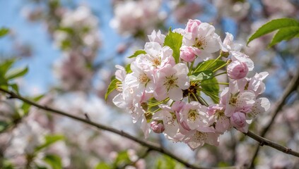 Obraz premium Macro shot of blooming bird cherry flowers with natural floral backdrop and empty space