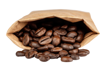 A bag of coffee beans is opened and the beans are scattered on a white background. Concept of abundance and the idea of enjoying a warm cup of coffee